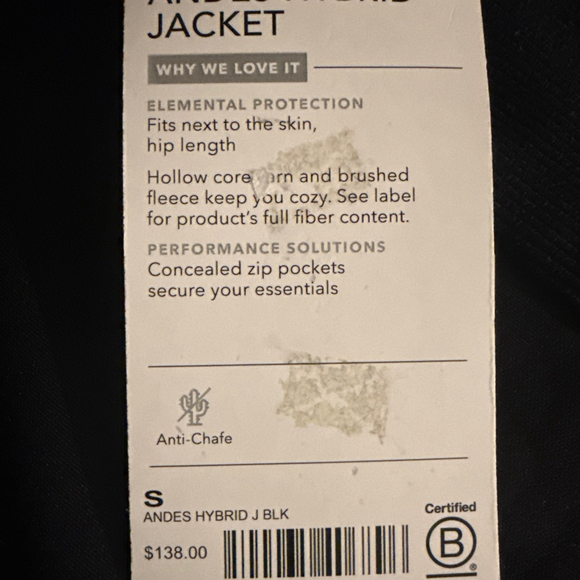 NWT Athleta Andes Hybrid Jacket Black size Small Cotton Base Layer anti chafe - Picture 9 of 9